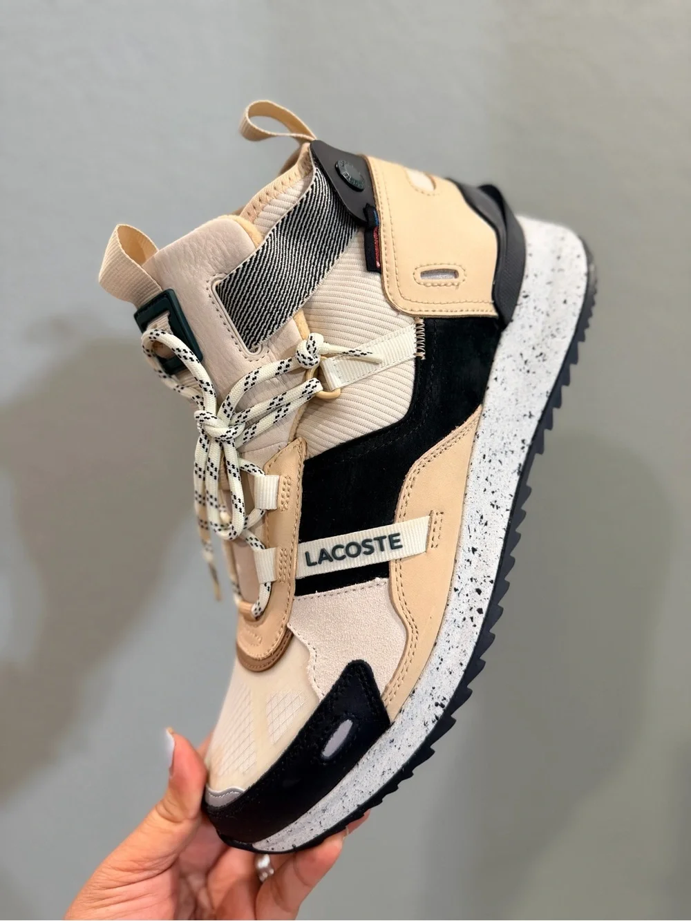Lacoste Mens Run Breaker Mid cut Beige, Black and Cream Lace-Up Sneakers